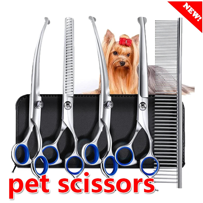 Professional 5-Piece Dog Grooming Scissors Set - Safety Round Tip Stainless Steel Kit
