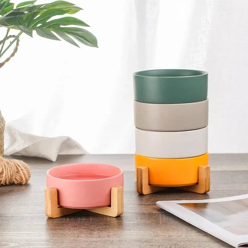 Elevated Ceramic Dog Bowl – Minimalist Bamboo Stand Feeder
